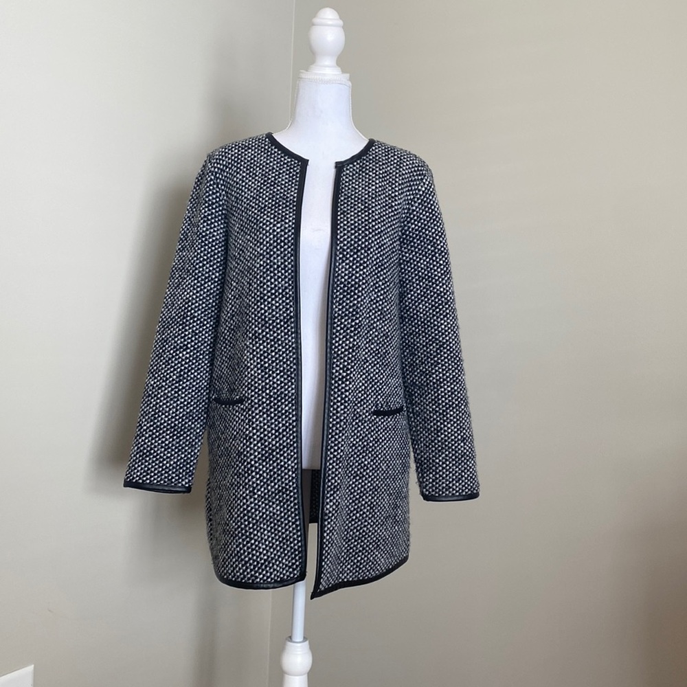 Houndstooth Open Long-Sleeved Jacket with Black Piped Decorative Lining